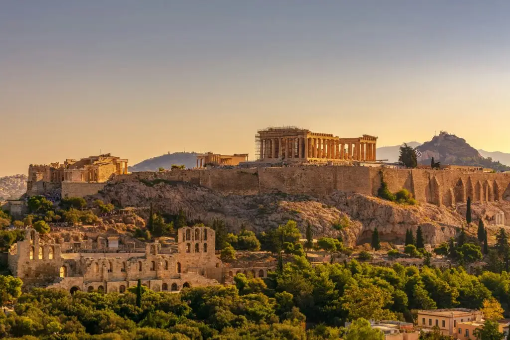 The Acropolis and Parthenon at golden hour in Athens Greece — the iconic backdrop for teachers who teach English in Greece