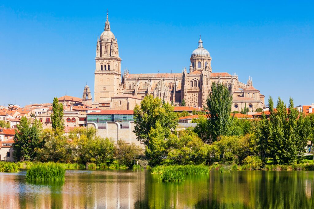 Salamanca Cathedral reflected in the Tormes River, Spain