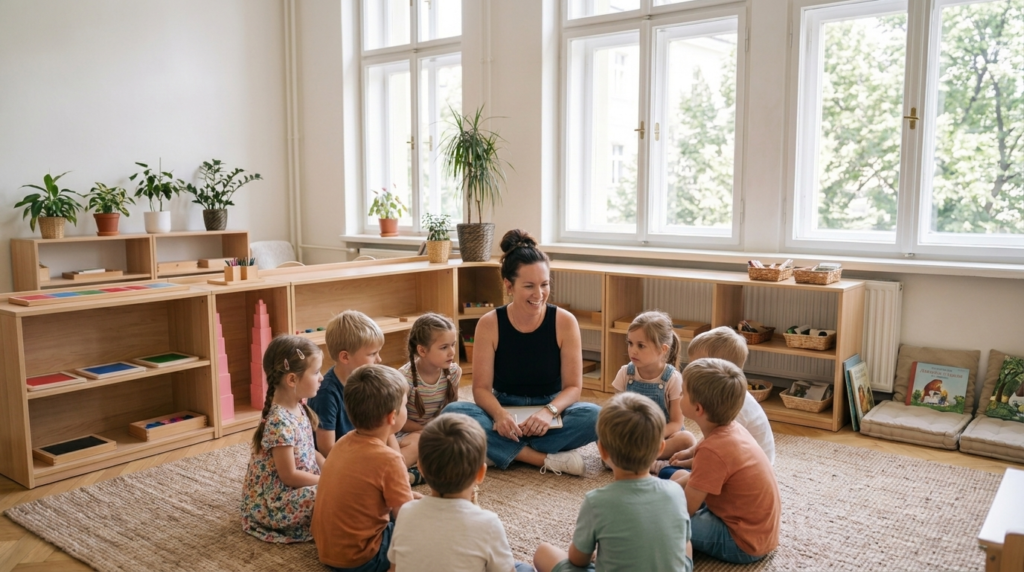 Female English teacher sitting on the floor with a circle of young students in a bright language school classroom