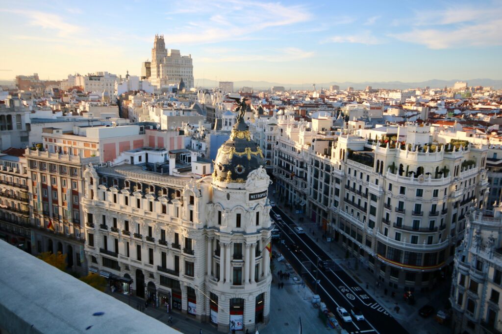 Aerial view of the Metropolis Building and Gran Vía in Madrid, Spain