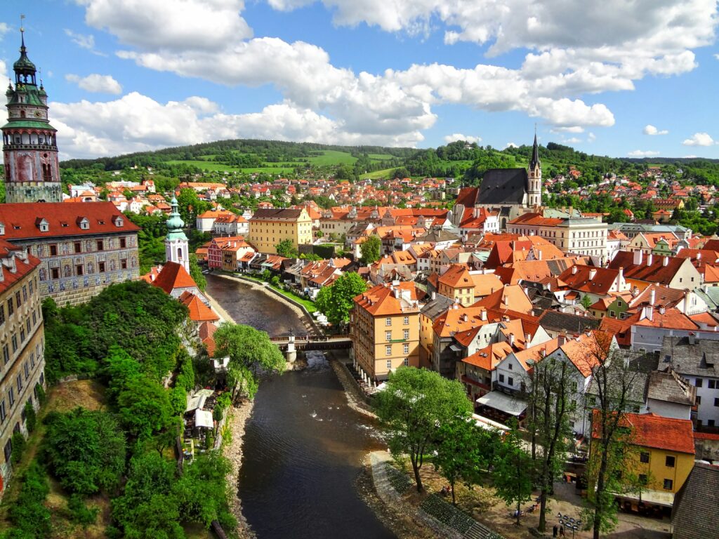 Aerial view of Český Krumlov Czech Republic with the castle and Vltava River — a popular weekend trip for English teachers in Prague