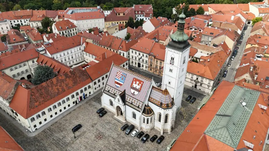 St. Mark's Church and Zagreb old town rooftops — the city center where most jobs to teach English in Croatia are based