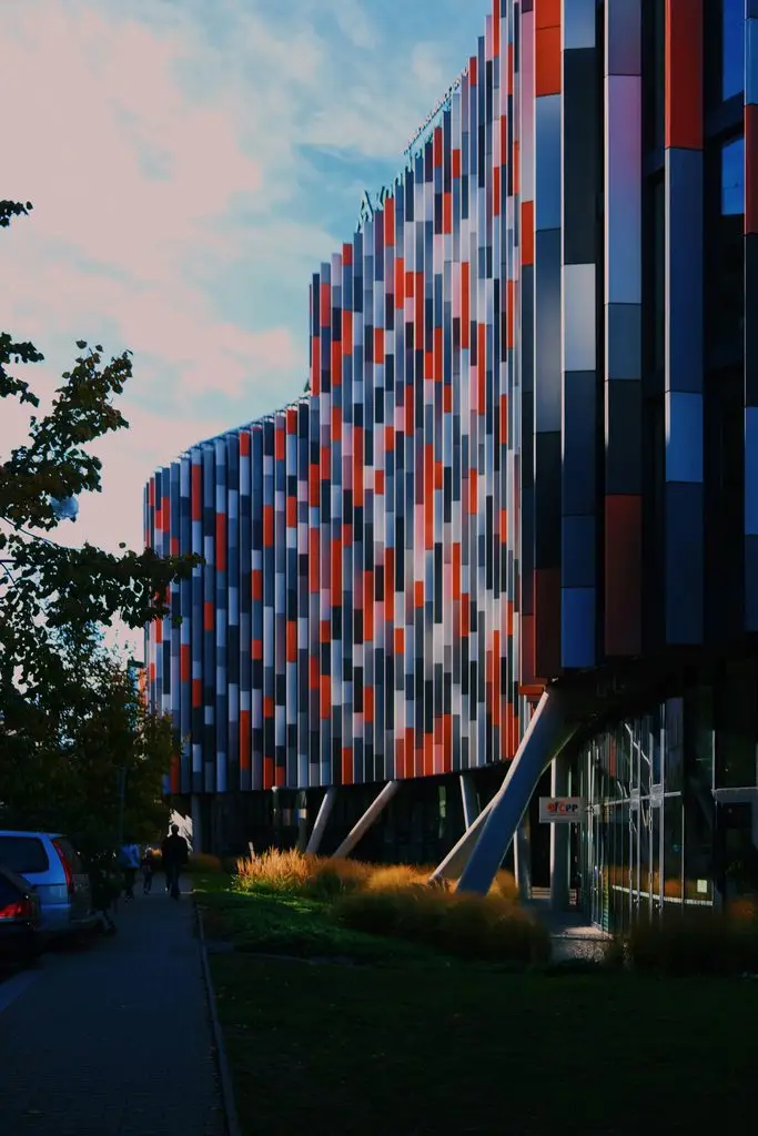 The Main Point Karlín office building, known for its colorful domino-panel facade, in Prague's Karlín business district.