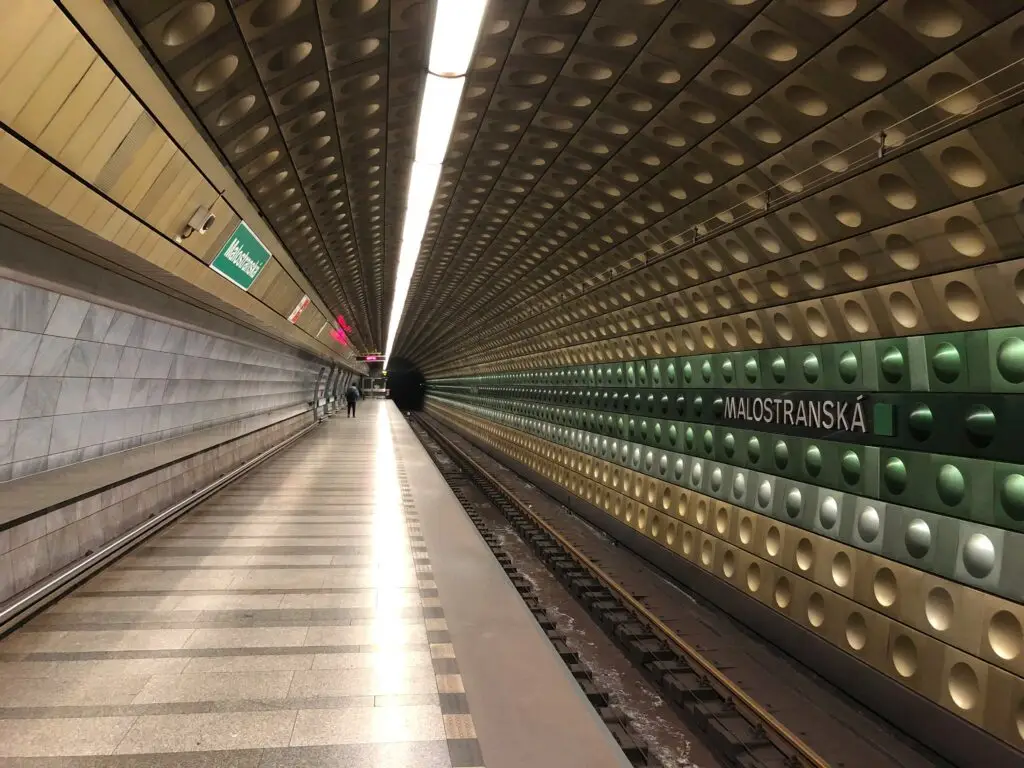 Malostranská metro station platform in Prague, part of navigating public transportation in Prague on Metro Line A.