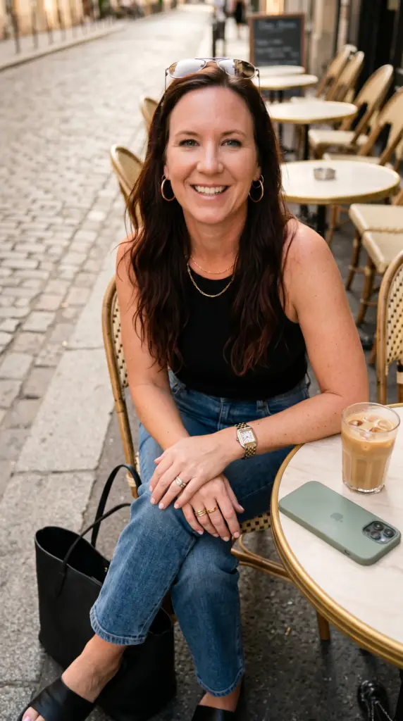 Brenda, a classroom teacher who taught English in Prague, sitting at a café table in Europe