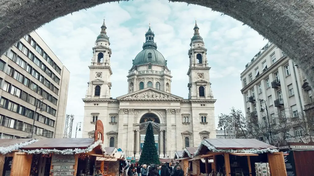 St. Stephen's Basilica Christmas market in Budapest with wooden stalls and tree