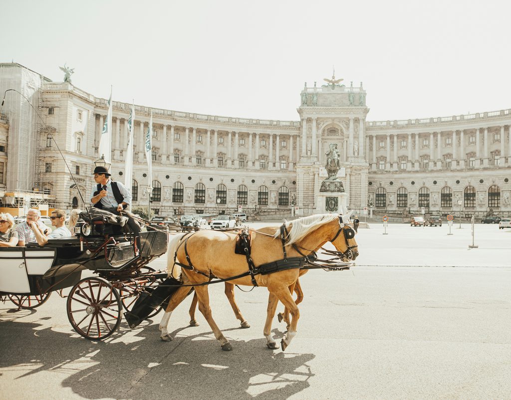 Vienna travel guide: a Fiaker horse-drawn carriage carries tourists past the Hofburg palace in Vienna.
