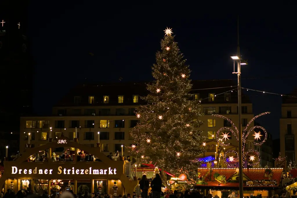 Dresdner Striezelmarkt Christmas tree and market entrance at night