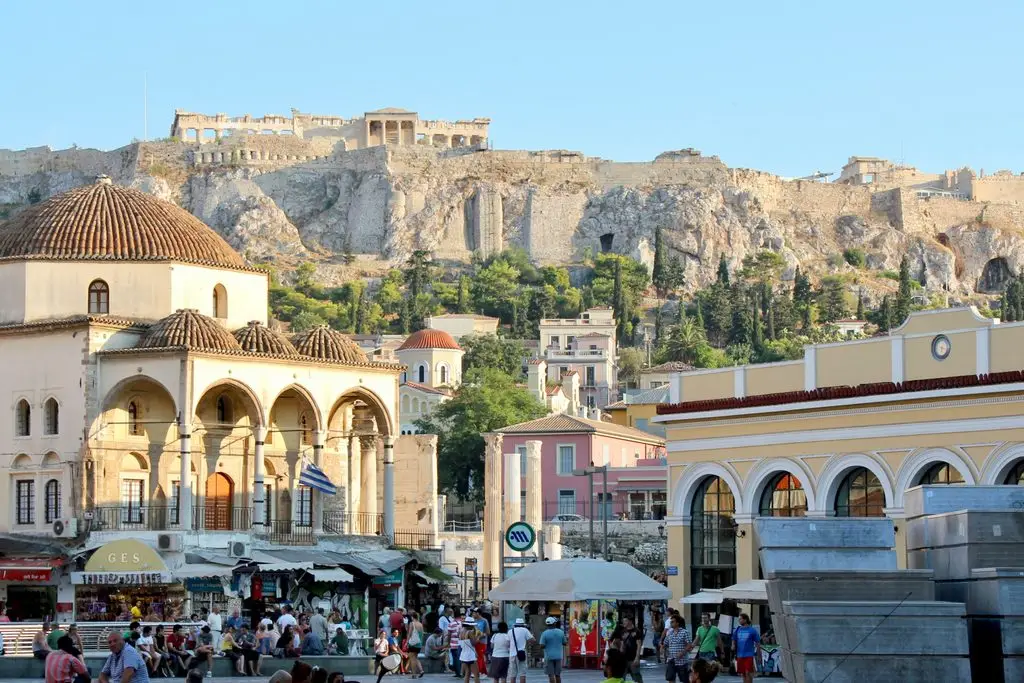 Week-long spring break destinations in Europe: the Acropolis towers over Monastiraki Square in Athens.